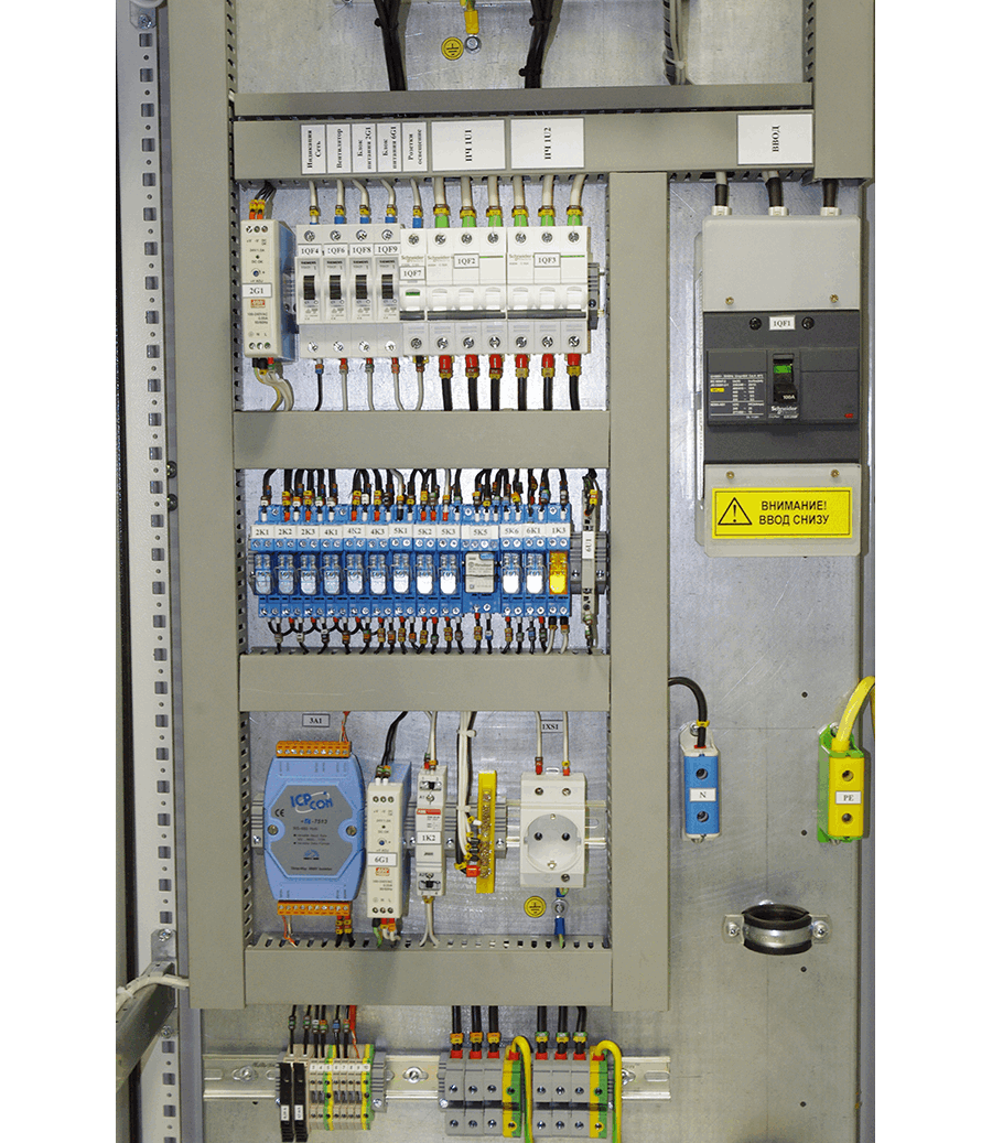 Шкаф управления двумя насосами ШУН 2-0220-ххЧ-К1-IP54. Вид изнутри.